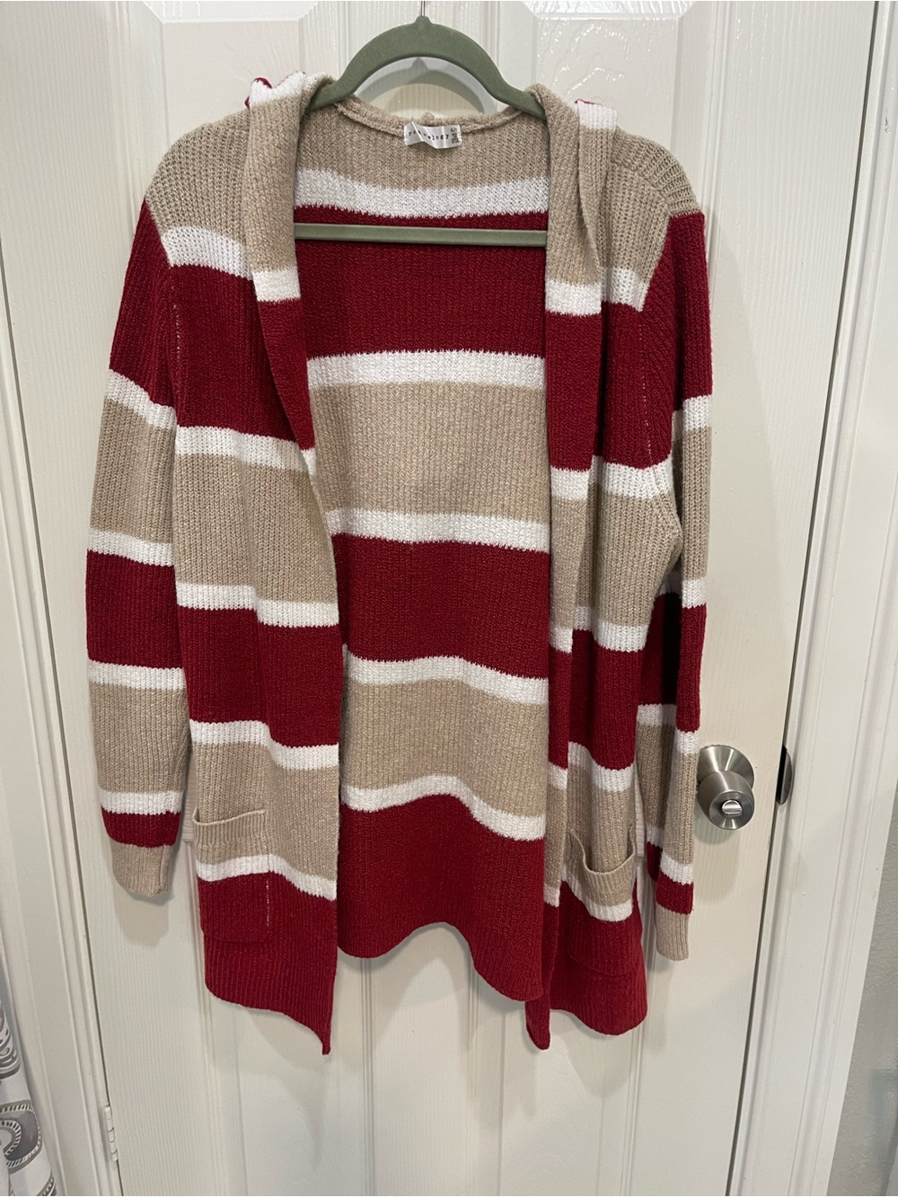 Retrology Cozy Striped Open-Front Cardigan Sweater - Red, Beige & White size xl